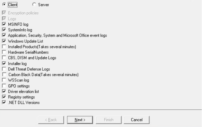 Example client logs to be gathered