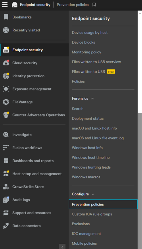 Selezione delle policy di prevenzione e sicurezza degli endpoint