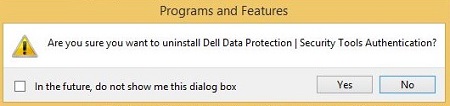 Výzva k potvrzení odinstalace ověřování nástrojů Dell Data Protection Security Tools