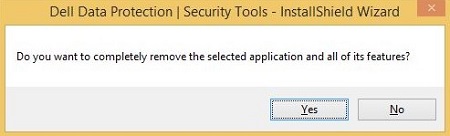 Výzva s žádostí o potvrzení odinstalace nástrojů Dell Data Protection Security Tools