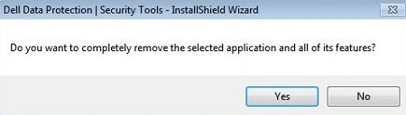 Výzva s žádostí o potvrzení odinstalace nástrojů Dell Data Protection Security Tools