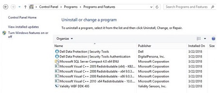 [プログラムと機能]のDell Data Protection Security Tools Authentication(英語)