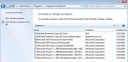 [プログラムと機能]のDell Data Protection Security Tools Authentication(英語)