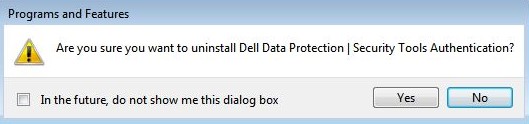 Dell Data Protection Security Tools Authenticationのアンインストールの確認を求めるプロンプトが表示される