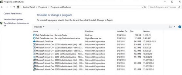 [プログラムと機能]のDell Data Protection Security Tools Authentication(英語)