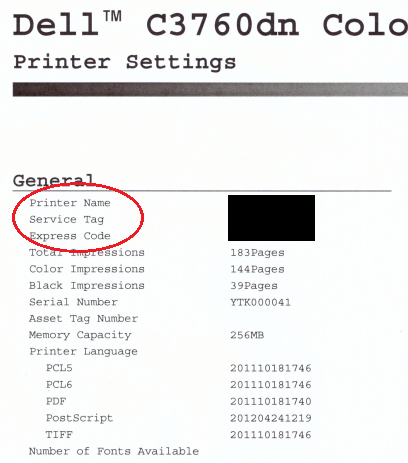 Exemple de numéro de série sur le rapport de paramètres