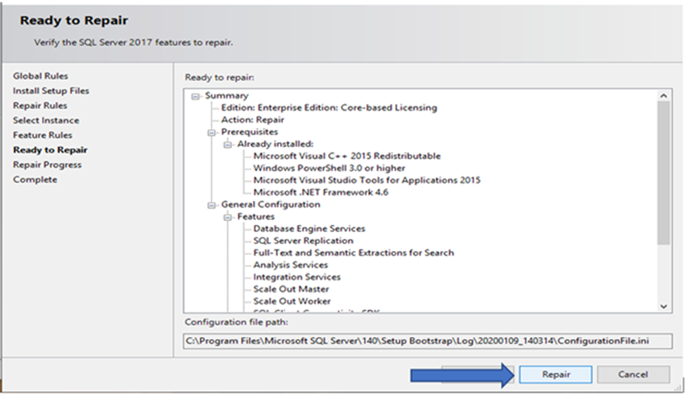 Selecting the "Repair" option to begin the repair installation