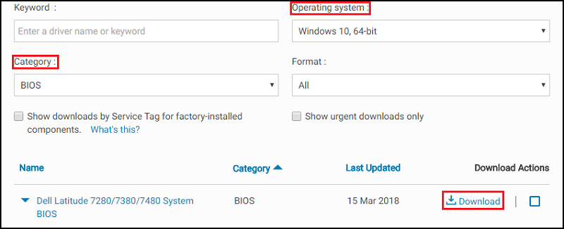 Dell.comSupport-Seite zum BIOS-Download