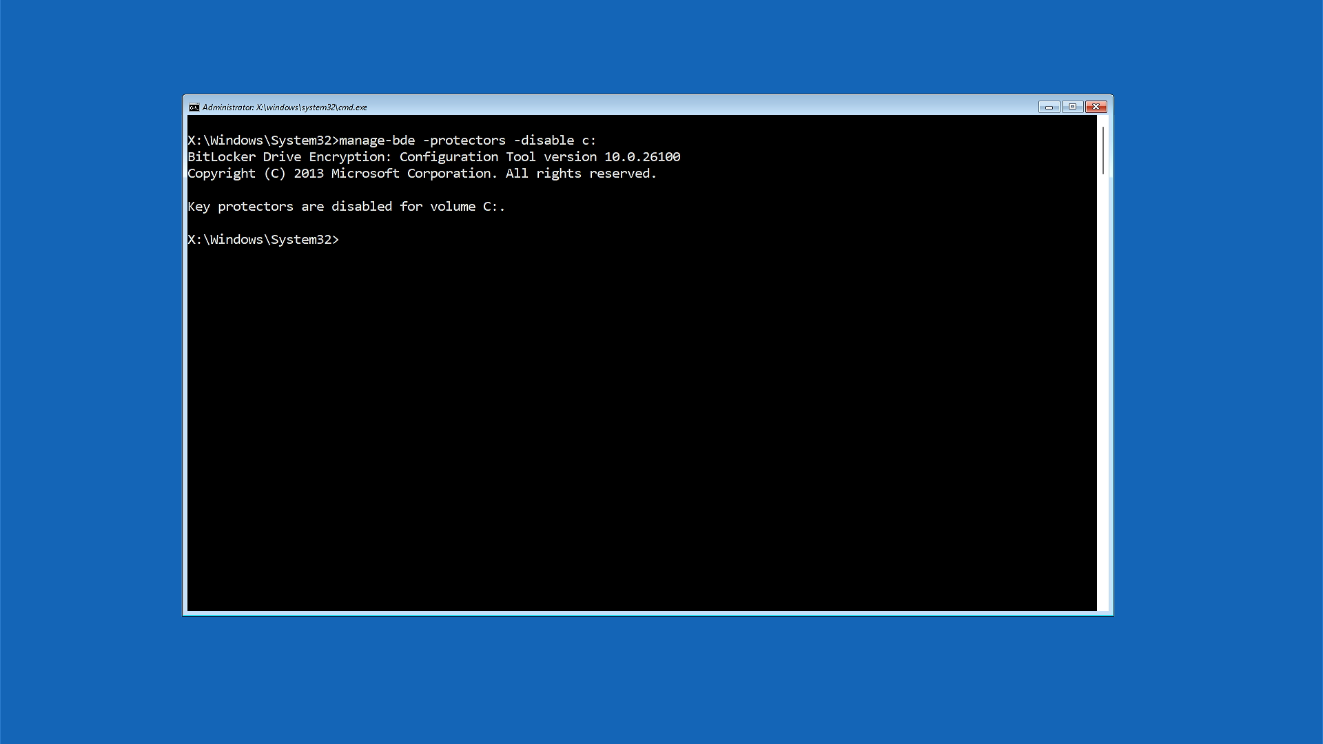 Screenshot of the command prompt window showing key protectors for BitLocker are disabled