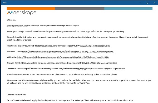 Exemple d’e-mail d’invitation avec un lien de téléchargement du client Chrome OS