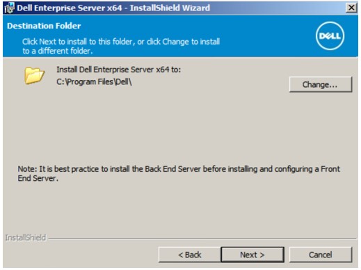 Dell Data Protection Enterprise Edition Server destination folder screen