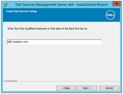 Volledig gekwalificeerde hostnaam of DNS-alias van de back-end Dell Data Security server