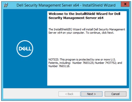 Welkomstscherm Dell Security Management Server installatieprogramma