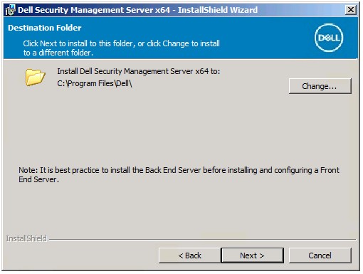 Экран папки назначения Dell Security Management Server