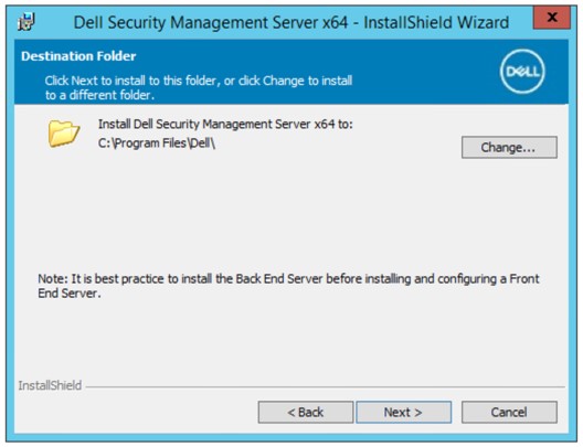 Skärmen för målmappen på Dell Security Management Server