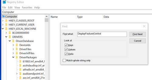 Search DisplayFeatureControl in Registry Editor.