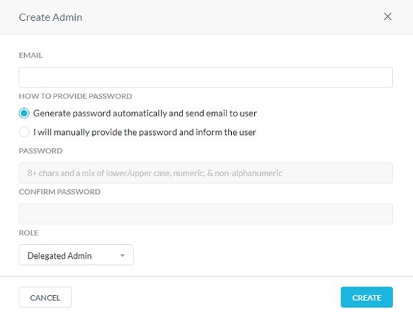 Menú Create Admin