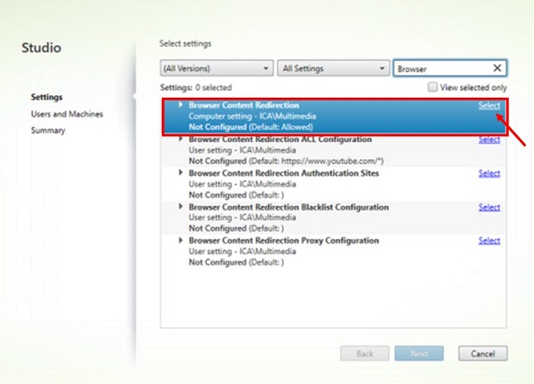 Select next to Browser Content Redirection