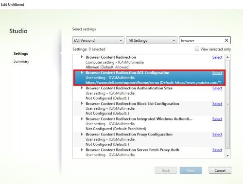Click Select next to Browser Content Redirection ACL Configuration