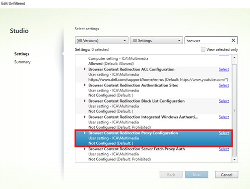 Haga clic en Select junto a Browser Content Redirection Proxy Configuration