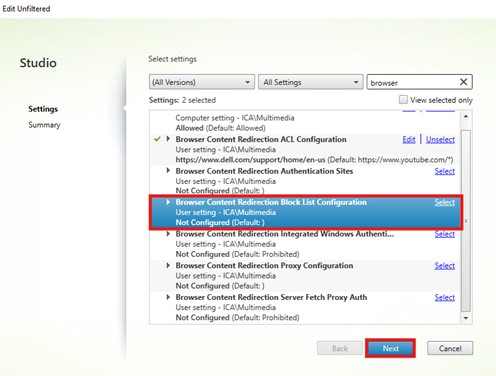 Cliquez sur Select en regard de Browser Content Redirection Blacklist Configuration