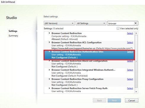 Klicka på Välj bredvid Browser Content Redirection Authentication Sites