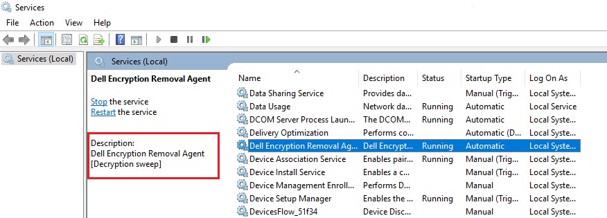 Status for Dell Encryption Removal Agent