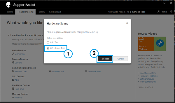 SupportAssist Hardware Scans CPU Stress Test