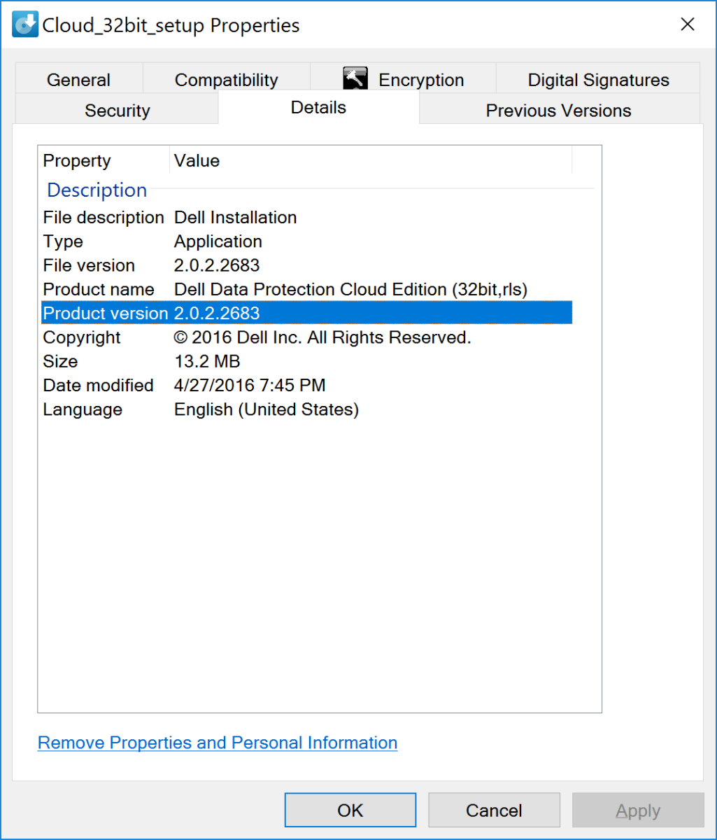 Example product version