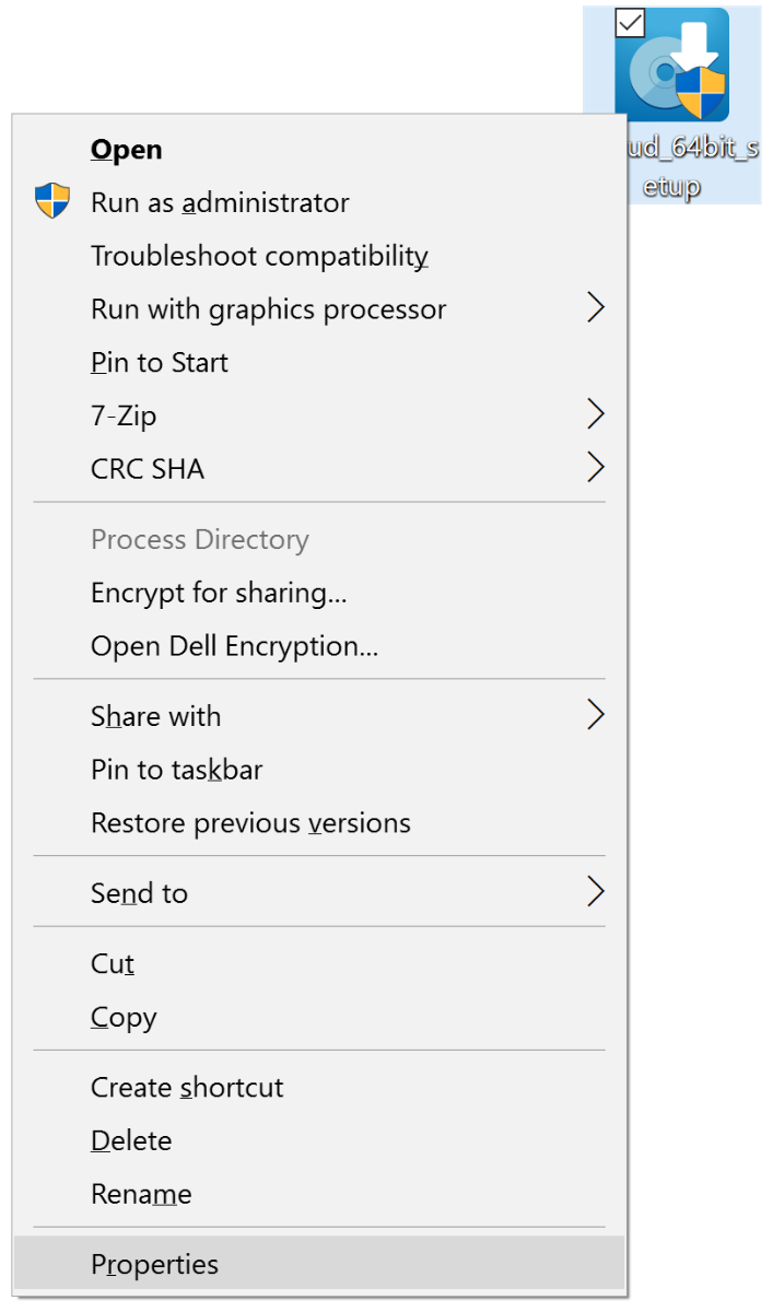 Option Properties disponible après avoir cliqué avec le bouton droit de la souris sur le programme d’installation