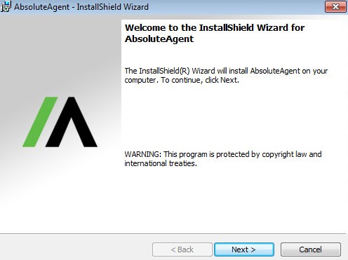 Välkomstskärm för installationsprogrammet för Absolute Agent