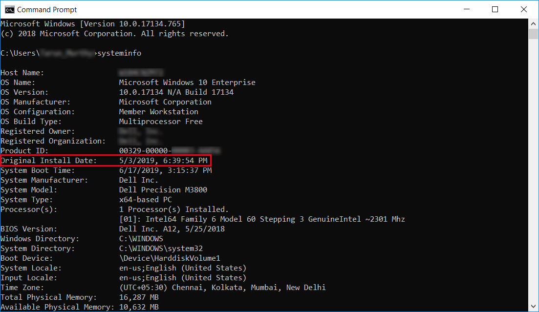 Příkazový řádek Windows, původní datum instalace
