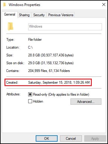 C 磁碟機 Windows 資料夾屬性,建立的資訊