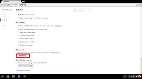設定頁面上的「Powerwash」按鈕
