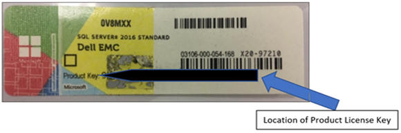 SQL Server COA sticker with the product key obscured
