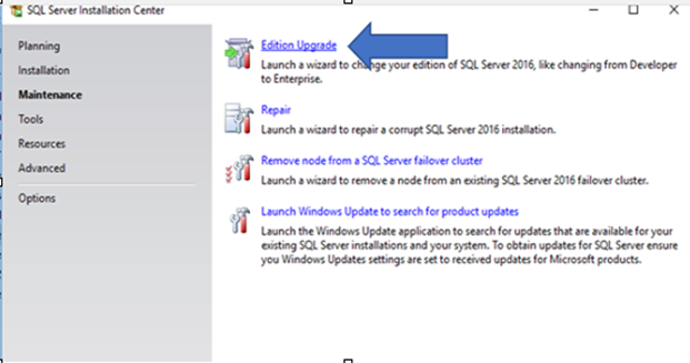[メンテナンス] が選択された SQL Server インストール センター