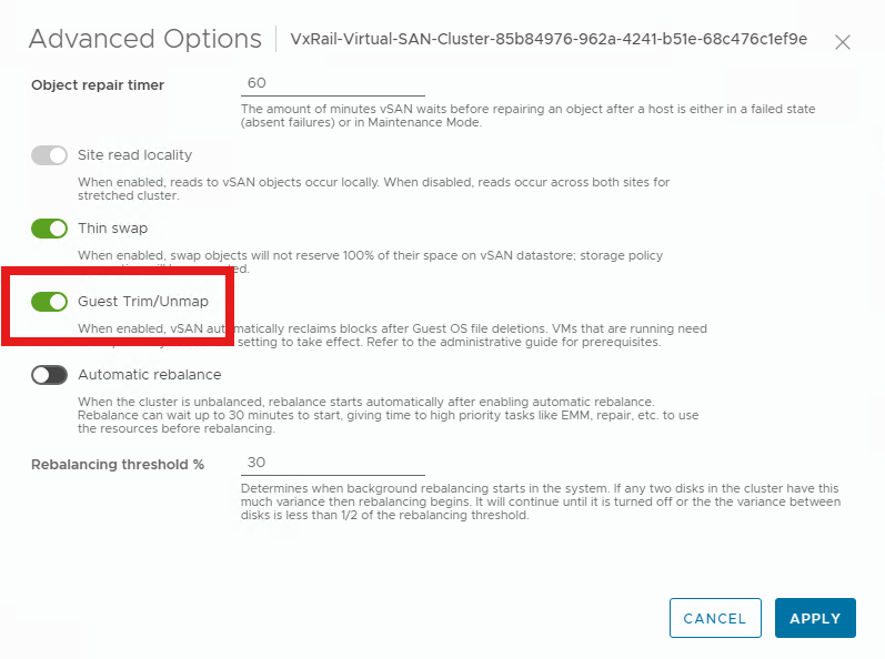 Screenshot of trim/unmap enablement