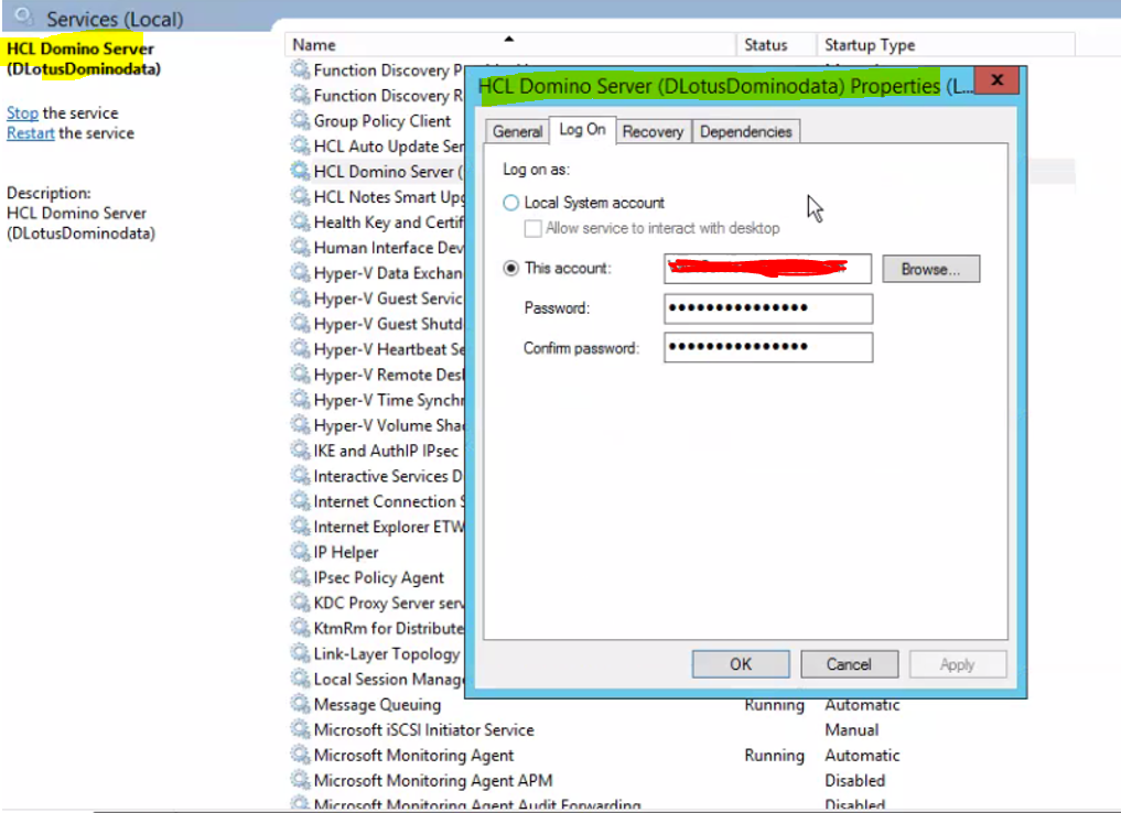 Domino Server Service Logon properties