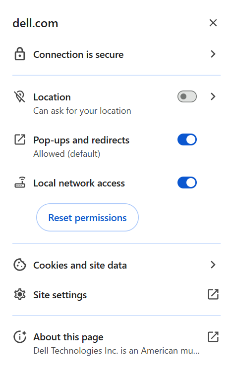 Chrome site information modal
