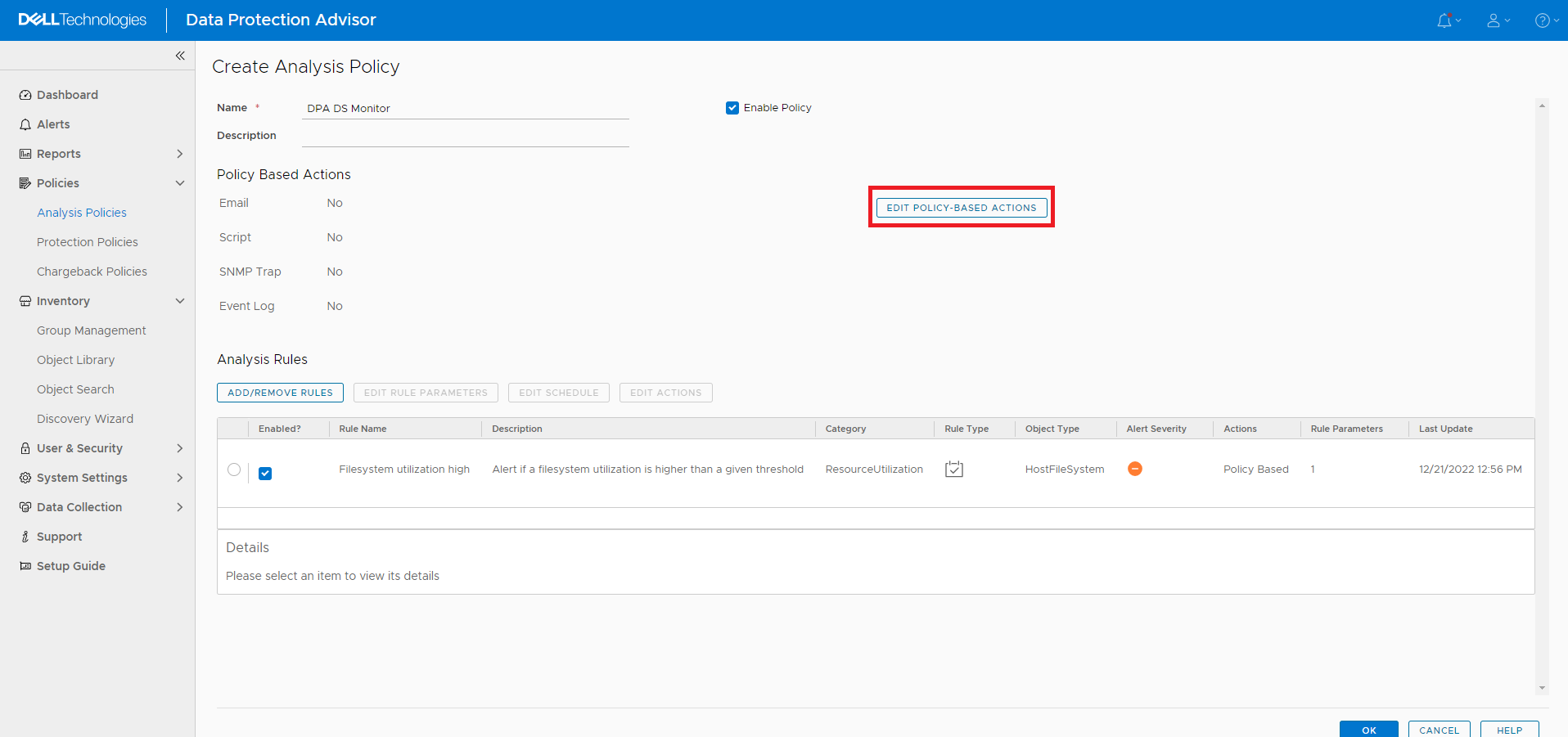 Screenshot showing new Rule under Analysis Rules in Create Analysis Policy