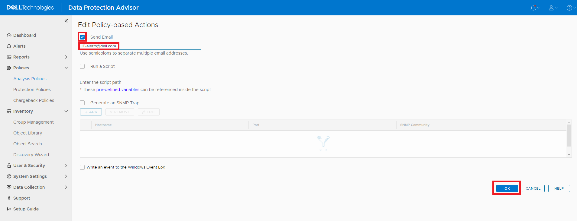 Edit Policy-based Actions page