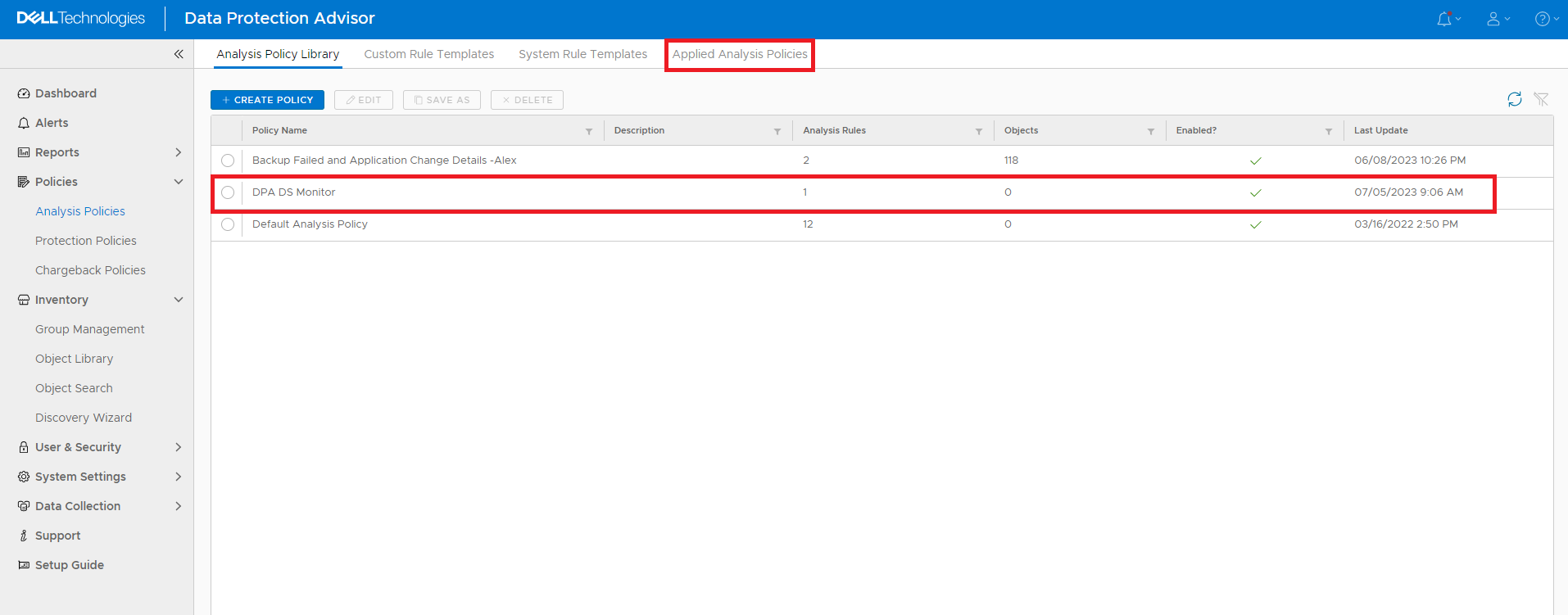 Applied Analysis Policies tab under Analysis Policies page