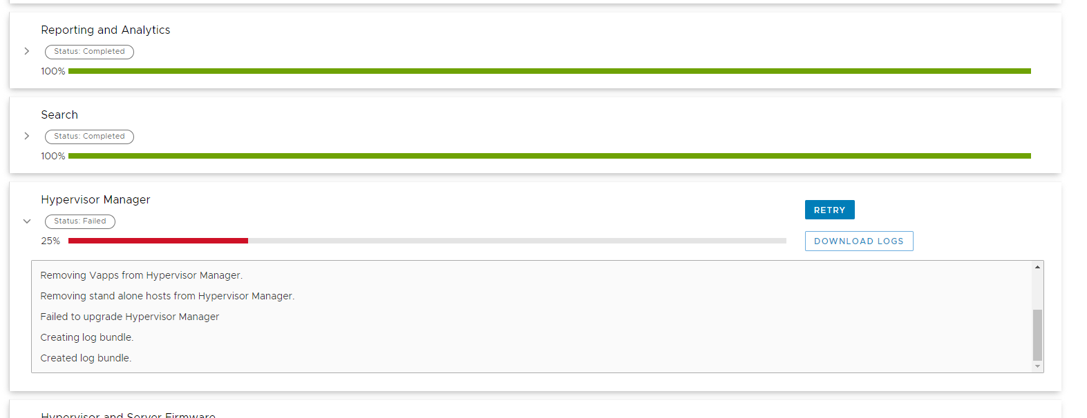 The ACM UI may show a failure at 25% progress during the Hypervisor Manager upgrade.
