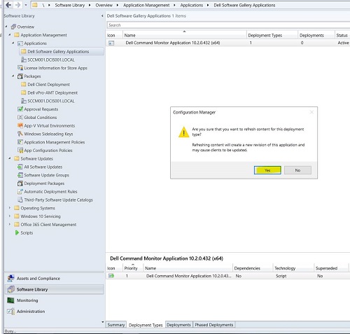 Click Yes to update contents for this deployment type