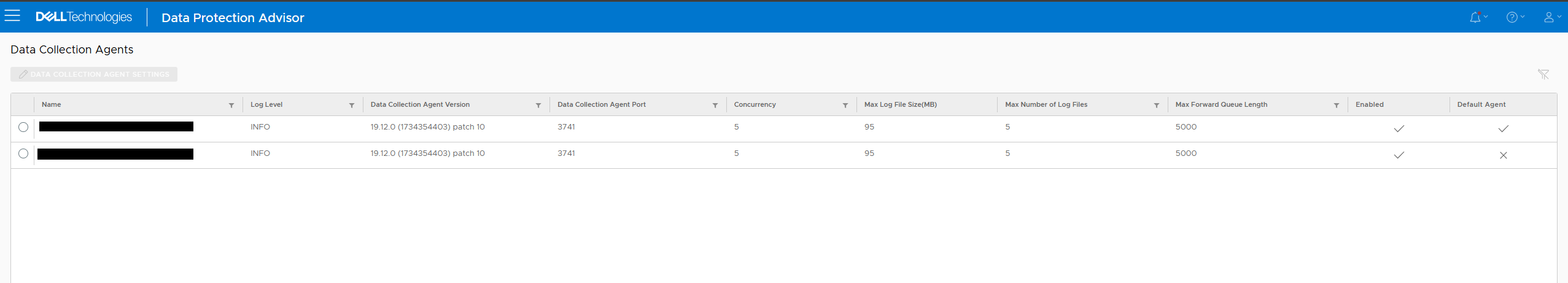 Screenshot of agent list