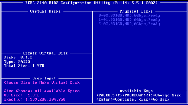 Виберіть розмір для віртуального диска в залежності від вільного місця на фізичних дисках і натисніть Enter.