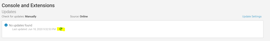Atualizações do console e extensões Verifique se há atualizações: Manualmente 