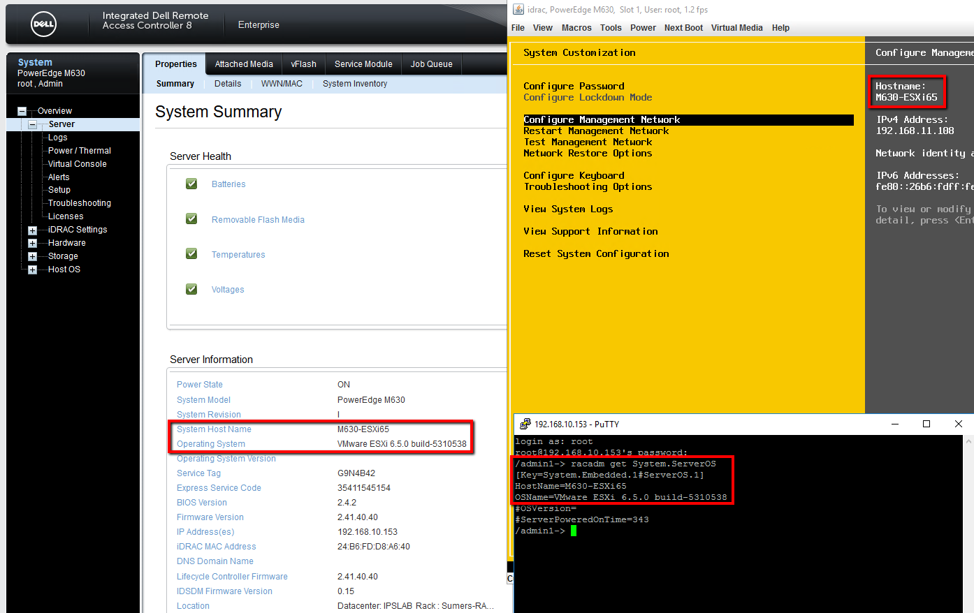 Schermata della corrispondenza dei nomi host ESXI e iDRAC