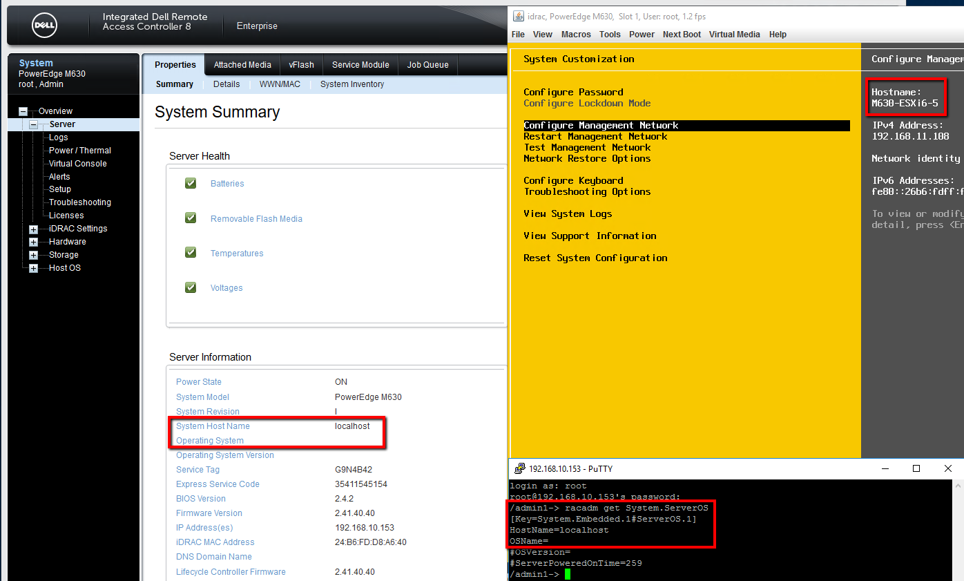 iDRAC 호스트 이름 및 ESXi 호스트 이름 이미지