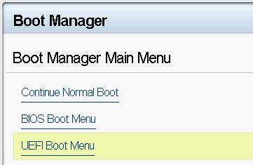 Instalace nástroje Nautilus pomocí nástroje iDRAC Virtual Media, krok 9 Hlavní nabídka nástroje Boot Manager